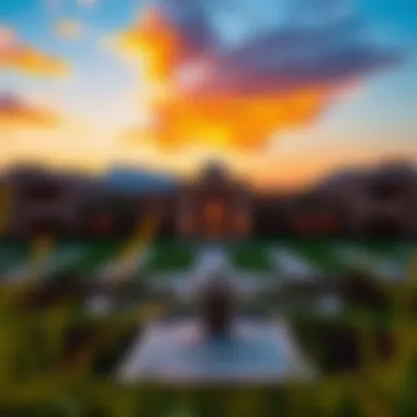 A stunning sunset over Nad Al Hammar Gardens highlighting its beauty