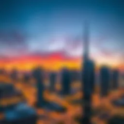 A panoramic view of Dubai's skyline during sunset, showcasing modern architecture and vibrant colors in the sky.