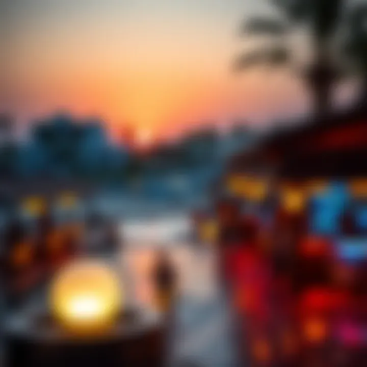 Vibrant beach club atmosphere during sunset