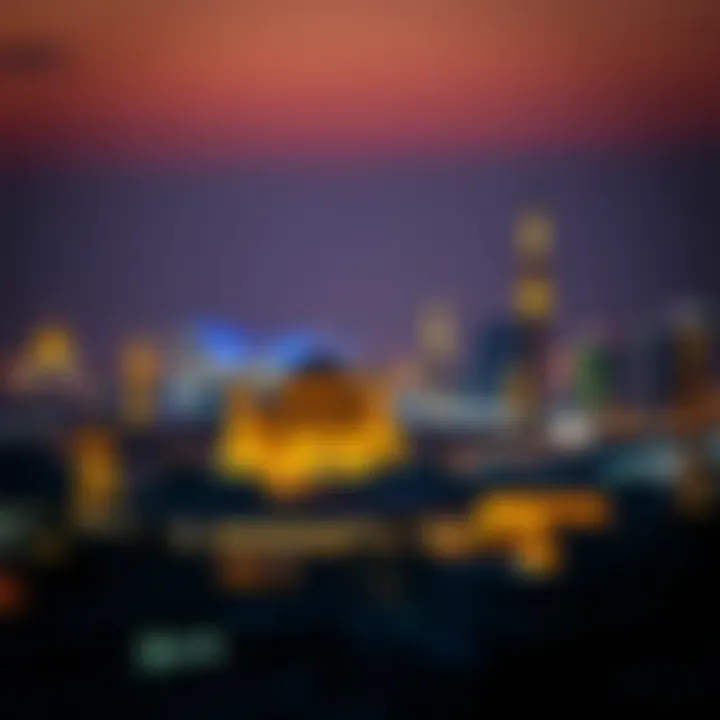 The skyline of a UAE city illuminated at night during Ramadan