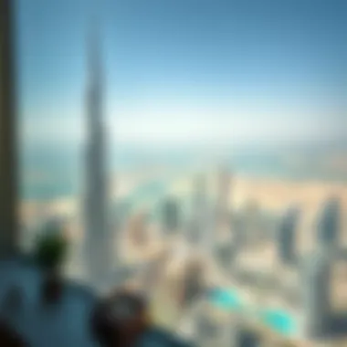 Panoramic View from Burj Khalifa Panoramic view from a residence in Burj Khalifa, showcasing the breathtaking Dubai landscape.