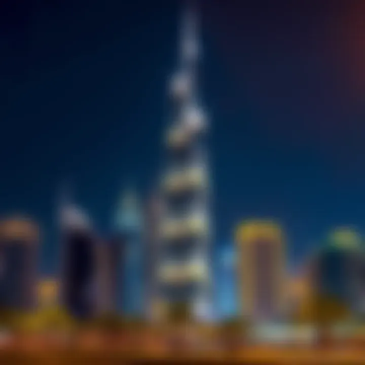 Night view of Sahab Al Emarat Tower illuminated against the Dubai skyline