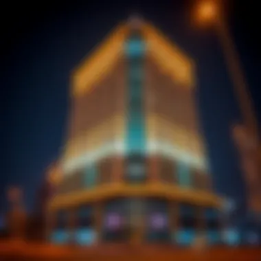 Evening view of the Talal Building with illuminated façade