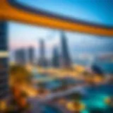 Luxury hotel view in Dubai Marina with skyline