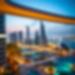 Luxury hotel view in Dubai Marina with skyline