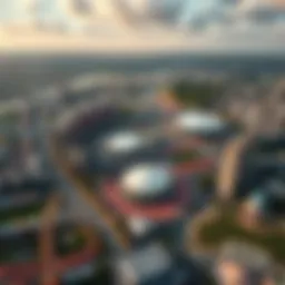 Aerial view of a modern sport city with stadiums and urban landscape