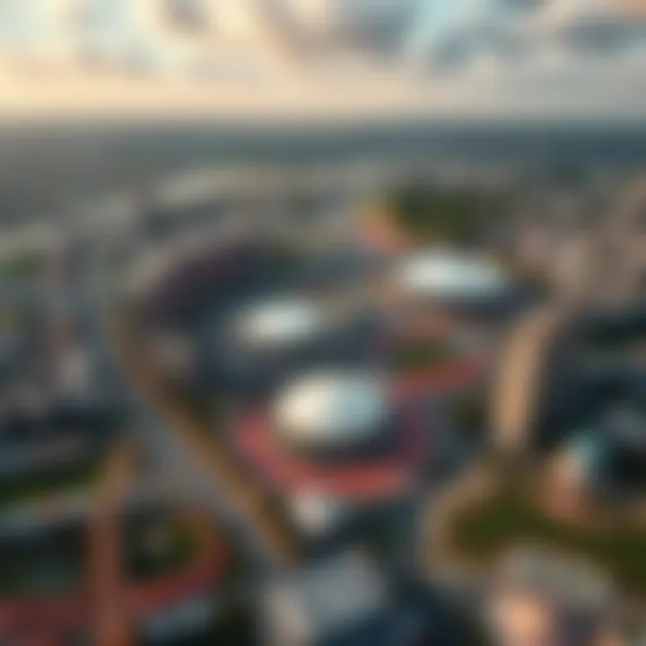 Aerial view of a modern sport city with stadiums and urban landscape