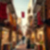 A panoramic view of the bustling spring souk shops filled with vibrant textiles and handcrafted goods.