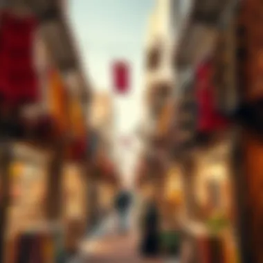 A panoramic view of the bustling spring souk shops filled with vibrant textiles and handcrafted goods.