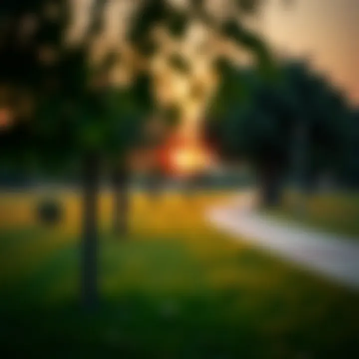 A panoramic shot of lush greenery and walking trails in a Dubai park during sunset