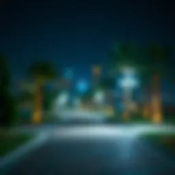 A tranquil view of a 24-hour park in Dubai at night, illuminated by soft lights