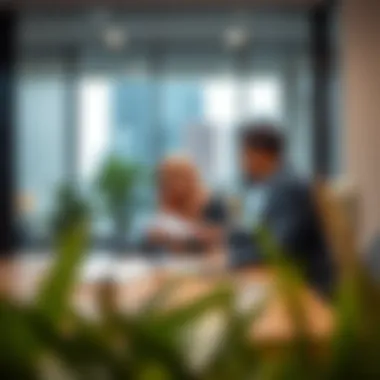 Business professionals discussing real estate contracts in a modern office