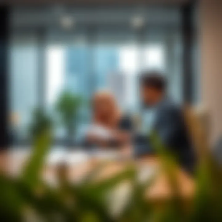 Business professionals discussing real estate contracts in a modern office